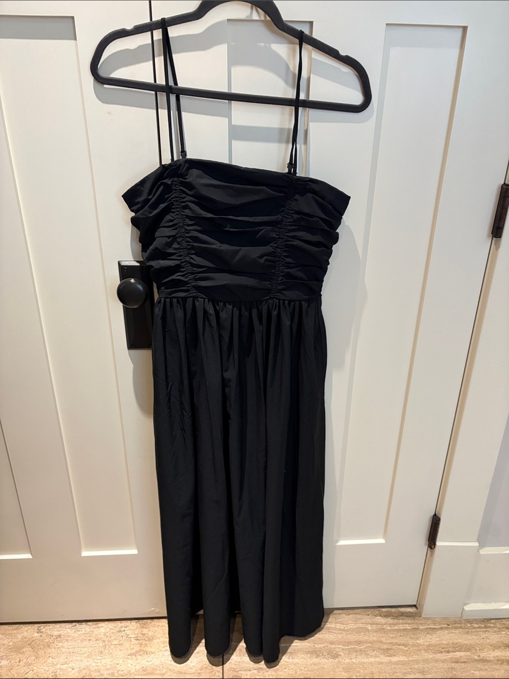 Rebellion Again  .Black Ruched Strap Midi Dress - Women's